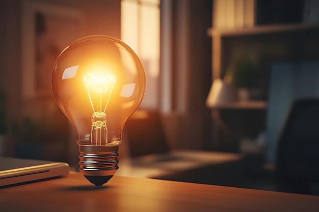 Glowing Light Bulb on a Wooden Table