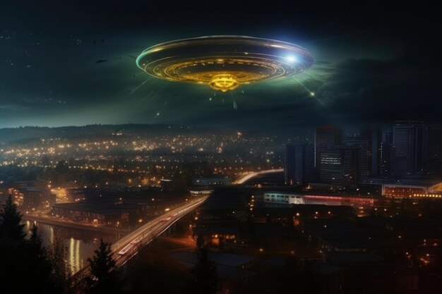 Glowing light round UFO saucer flies in the dark sky over the night city AI generated