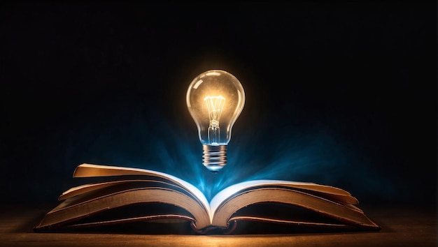 Glowing lightbulb over a book