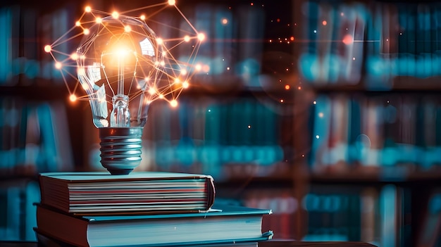 A glowing lightbulb next to books and a connecting line for educational studies can spark students