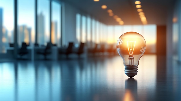 glowing lightbulb illuminates a blurred office meeting scene symbolizing bright ideas inspiration