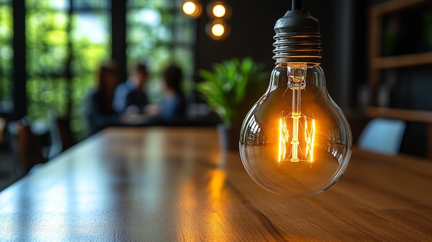 glowing lightbulb illuminates a blurred office meeting scene symbolizing bright ideas inspiration