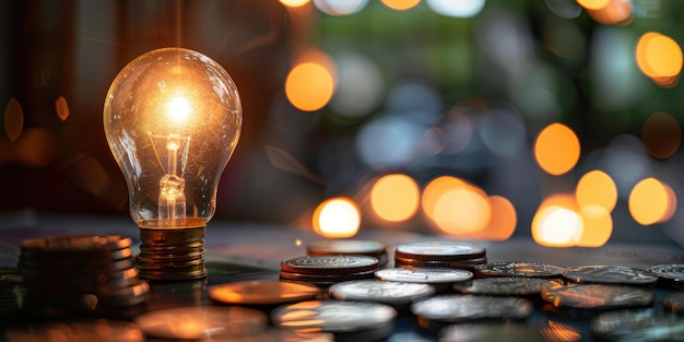 A glowing lightbulb surrounded by scattered coins symbolizing innovation ideas and financial success with a bokeh background