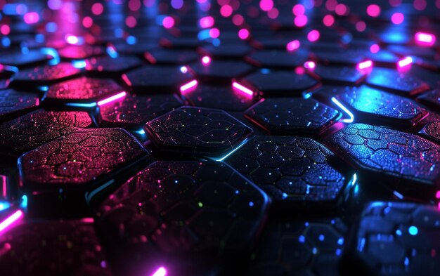 glowing lights on black hexagonal background