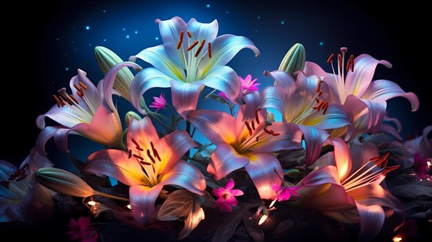 Photo glowing lilies under a starry night sky create an enchanting and vibrant floral display