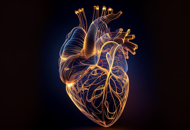 Glowing lines at human heart 3D shape on dark background generative ai