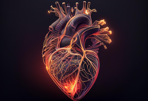 Glowing lines at human heart 3D shape on dark background generative ai