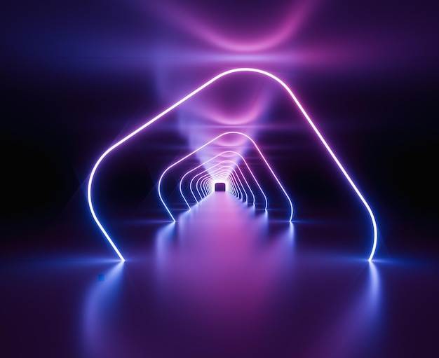 glowing lines, tunnel, neon lights, virtual reality, abstract background, square portal, arch, pink blue spectrum vibrant colors, laser show