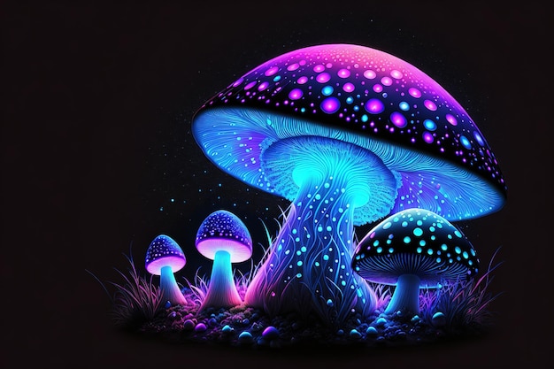 Glowing magic mushroom black background