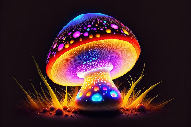 Glowing magic mushroom black background