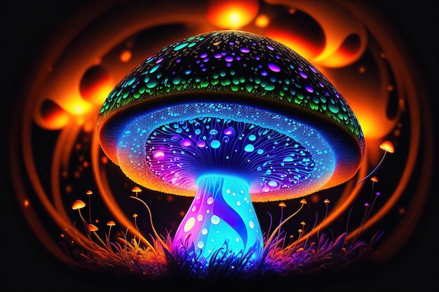 Glowing magic mushroom black background