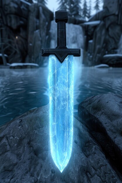 Glowing magical sword in snowy forest