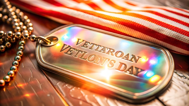 Photo glowing military ribbon and dog tag with copy space concept as a sleek and symbolic image featuring