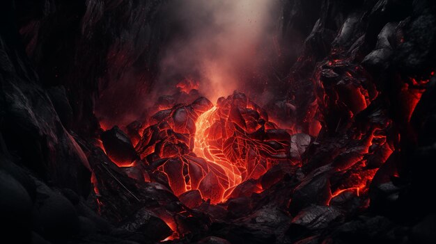 Glowing molten lava flows within a dark rocky crevice