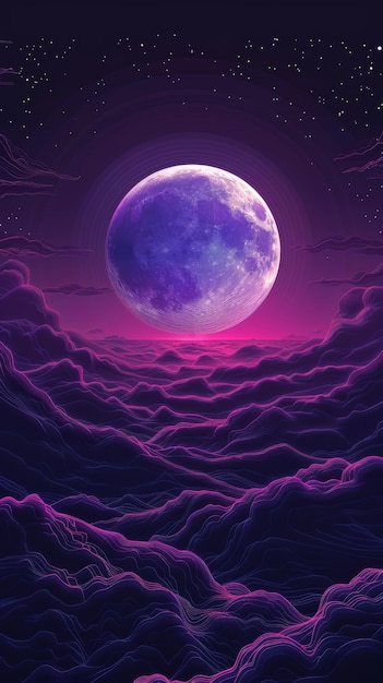 Photo glowing moon above neon landscape in twilight