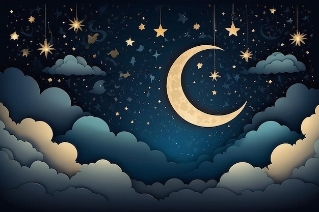 Glowing moon and starry nighttime background with clouds in papercut style