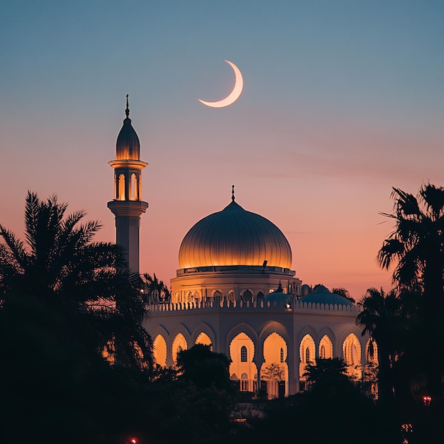 Photo glowing mosque at twilight crescent moon high