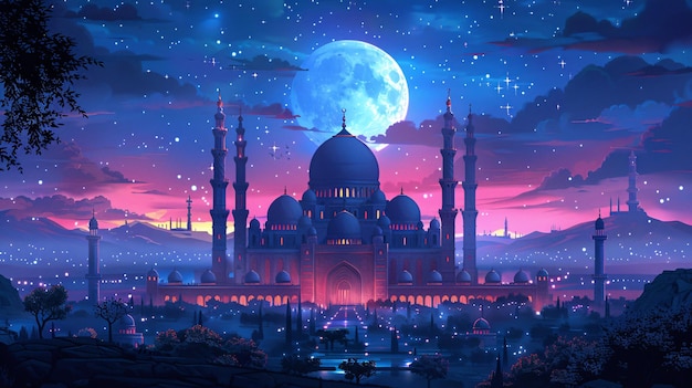 Glowing Mosque with Sacrificial Sheep and Islamic Designs Feast of Sacrifice Pixel Art 3D Background