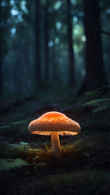 Glowing mushroom in dark forest