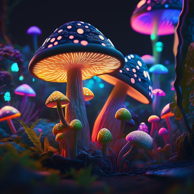 A glowing mushroom forest with a blue light on the bottom.