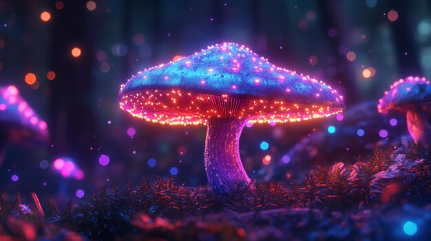 Photo a glowing mushroom in the forest