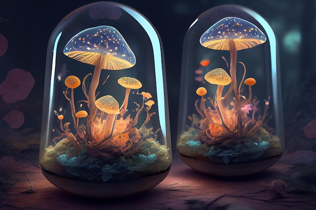 Glowing mushroom lamps with fireflies in magical forest Generative Ai