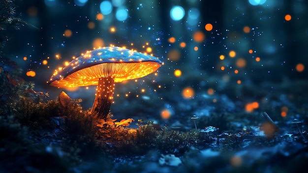 Photo glowing mushroom in a magical forest