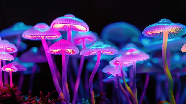 Photo glowing mushrooms in the dark