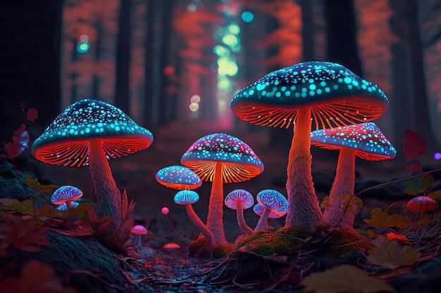 Glowing mushrooms in the forestAI technology generated image