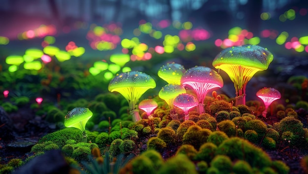 Photo glowing mushrooms in a mystical forest