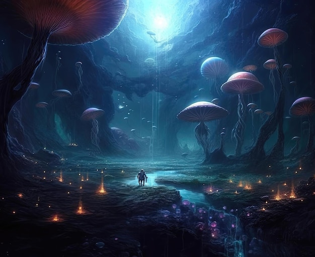 Glowing mystical mushrooms on a dark background