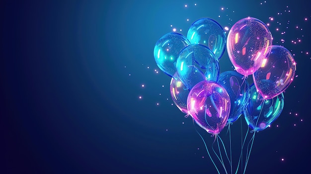 glowing neon balloons on dark blue background