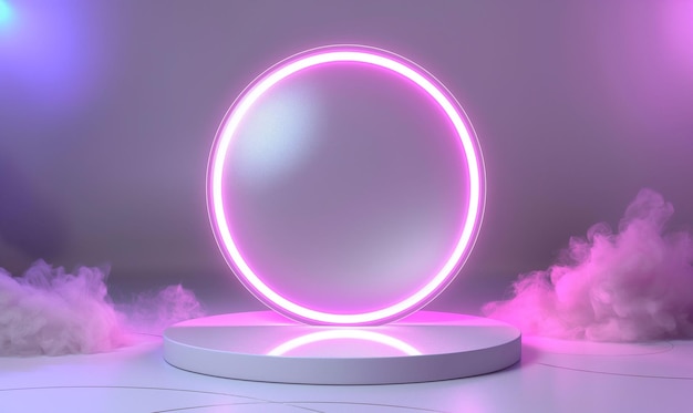 Photo glowing neon circle on a white platform with mist in a purple room creating an ethereal atmosphere