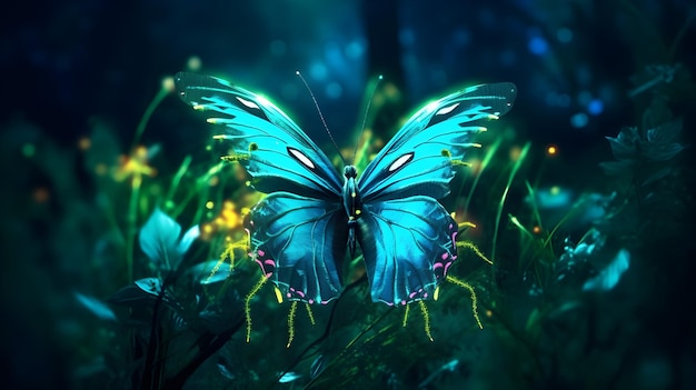 Glowing neon color butterfly in the night forest