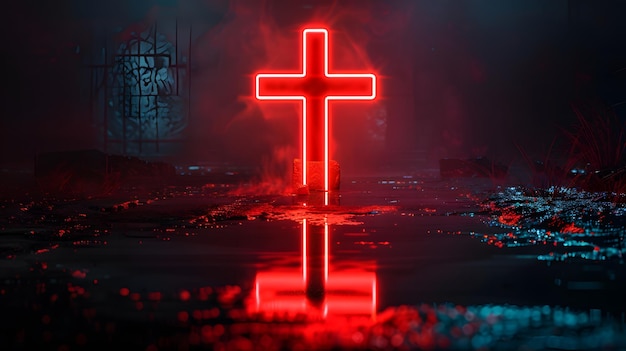 Glowing neon cross shining against dark backdrop