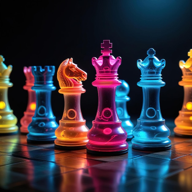 Glowing neon cyber chess pieces futuristic scif corporate technology strategy