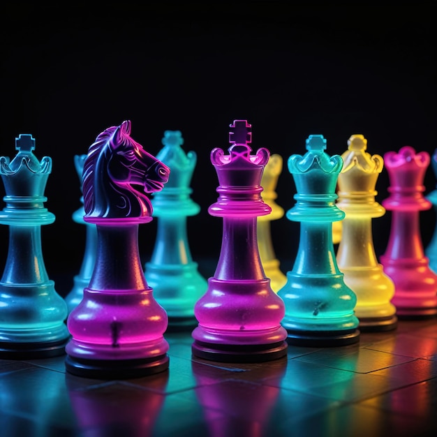 Glowing neon cyber chess pieces futuristic scif corporate technology strategy