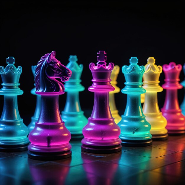 Photo glowing neon cyber chess pieces futuristic scif corporate technology strategy