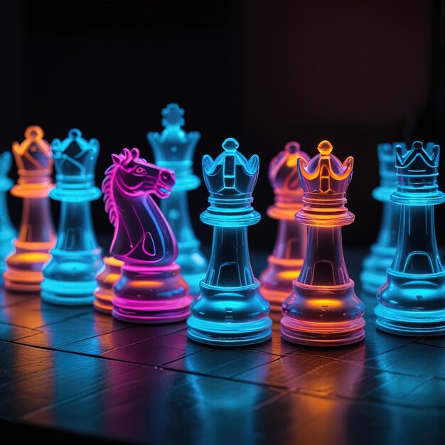 Photo glowing neon cyber chess pieces futuristic scif corporate technology strategy