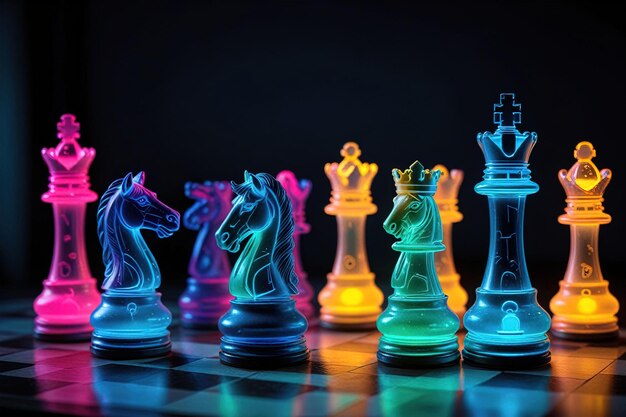 Glowing neon cyber chess pieces futuristic scif corporate technology strategy