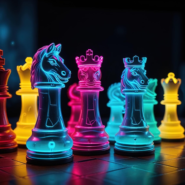 Glowing neon cyber chess pieces futuristic scif corporate technology strategy