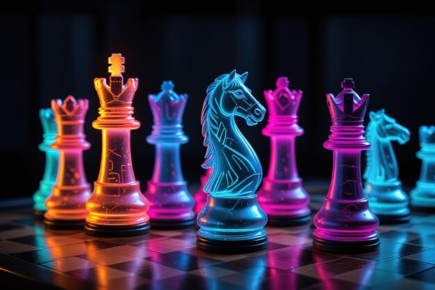 Glowing neon cyber chess pieces futuristic scif corporate technology strategy