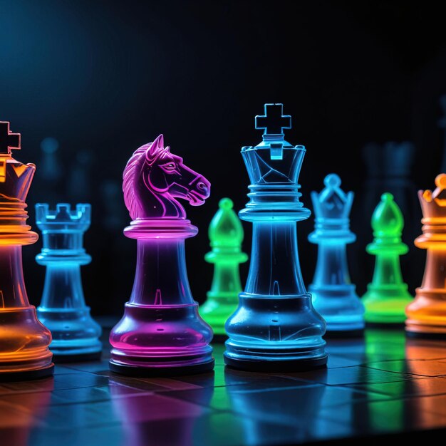 Glowing neon cyber chess pieces futuristic scif corporate technology strategy