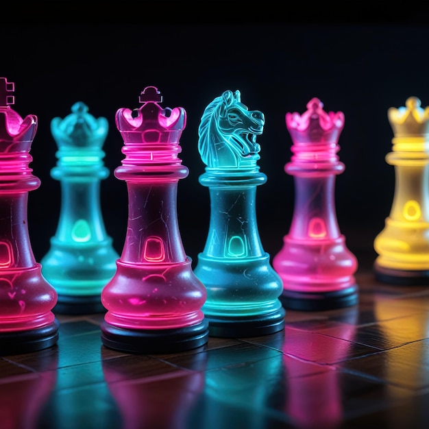 Glowing neon cyber chess pieces futuristic scif corporate technology strategy