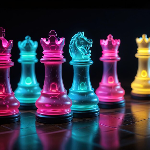 Photo glowing neon cyber chess pieces futuristic scif corporate technology strategy