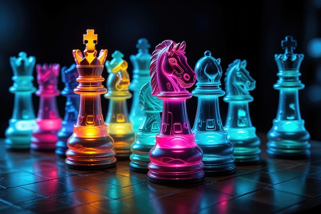 Glowing neon cyber chess pieces futuristic scif corporate technology strategy