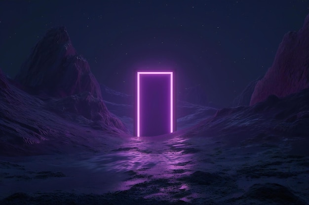 Glowing neon door in the desert