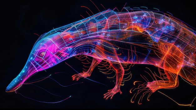 Glowing Neon Electric Anteater in Dynamic Digital Artwork