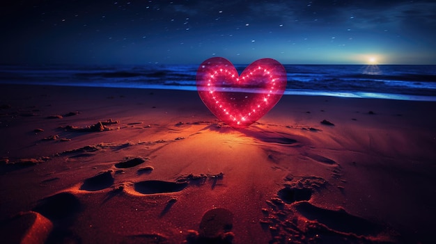 A glowing neon heart shape stands on a night beach under a sky full of stars with the horizon aglow