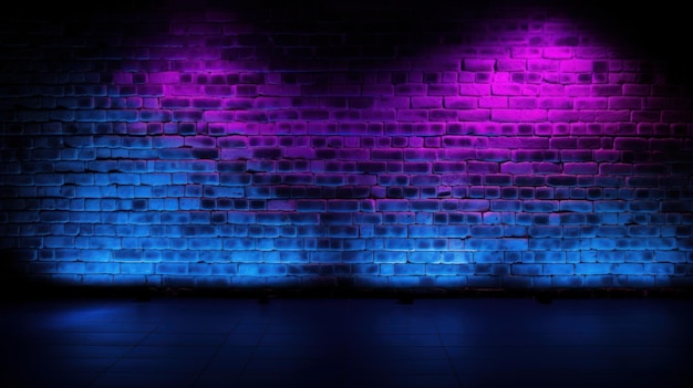 Glowing neon lights in shades of pink purple and blue illuminate a black brick wall creating a dramatic effect in the dark